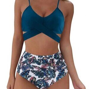 CRISS CROSS TROPICAL TWO-PIECE SEXY HIGH WAIST SWIMSUIT